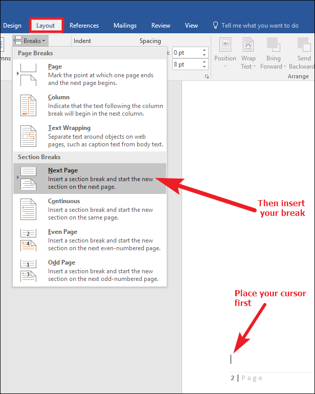 insert header in word mac for just one page